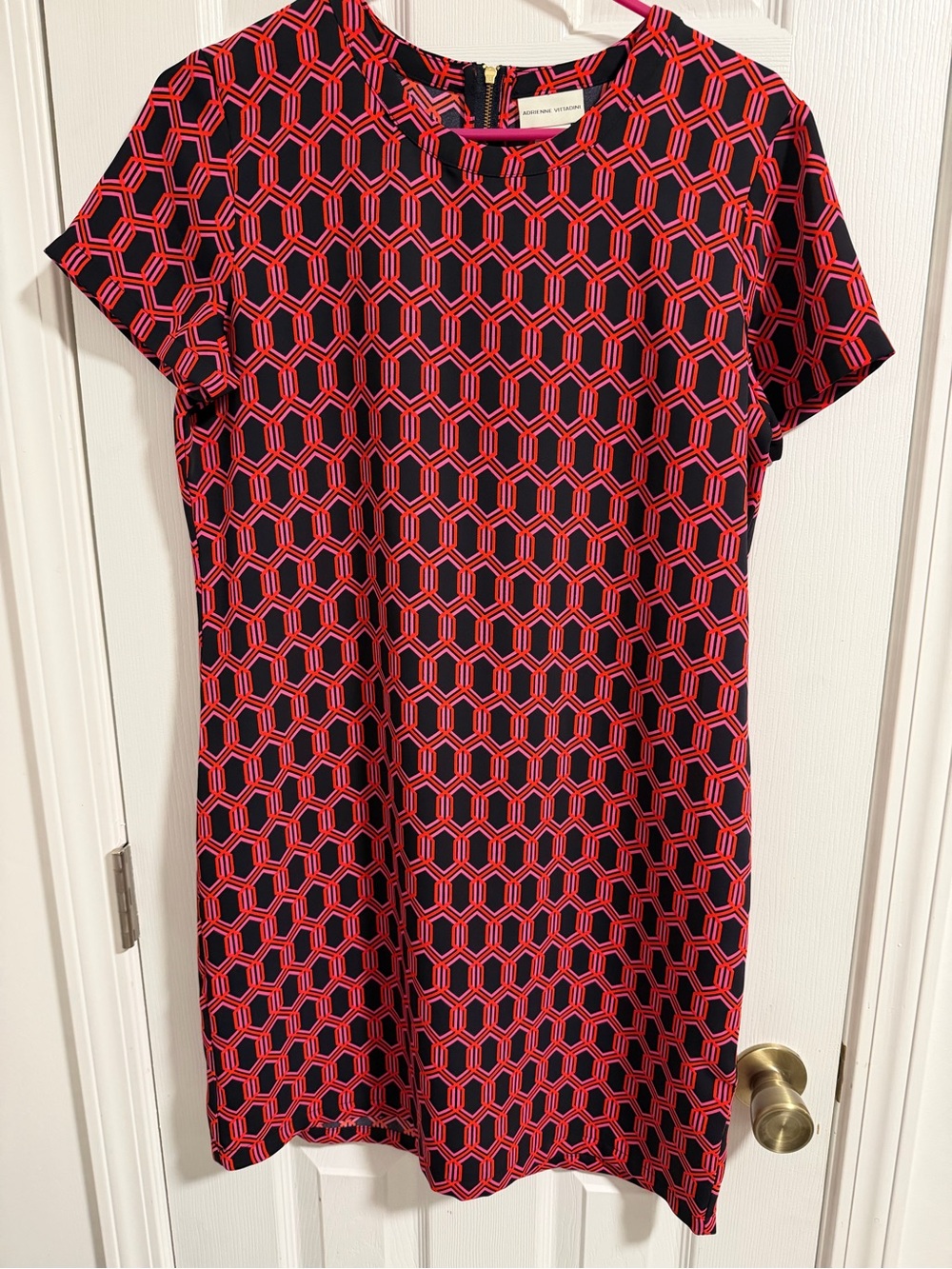 Adrienne Vittadini Navy & Red Geometric Short Sleeve Tunic Dress